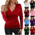thumbnail image 1 of TKLPEHG Sequin Tops for Women Dressy Casual Splicing Velvet Top Slim Comfy V Neck Glitter Sparkly Shirts Evening Party Holiday Blouses (Black,S), 1 of 6