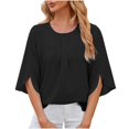 thumbnail image 1 of TKLPEHG Short Sleeve Blouses For Women Crew Neck Pleated Elegant Shirts Loose Comfy Fashion Summer Solid Color Graphic Tee Casual Outfits (Black,L), 1 of 8