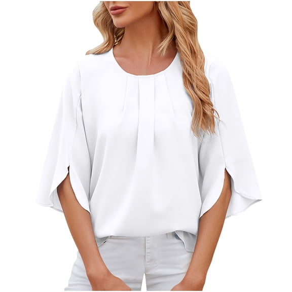 TKLPEHG Short Sleeve Blouses For Women Crew Neck Pleated Elegant Shirts Loose Comfy Fashion Summer Solid Color Graphic Tee Casual Outfits (White,XXL)