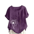 thumbnail image 1 of TKLPEHG Short Sleeve Blouses for Women Crew Neck Linen Tops Button Casual Summer Classic Fashion Print Tshirt Loose Fitted Basic Tops Blouses (Purple,S), 1 of 4
