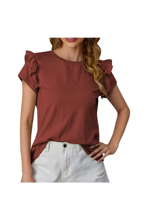 Short Sleeve Blouses for Women Lightweight Round Neck Ruffle Sleeve Elegant Tops Short Sleeve T Shirts Going Out Tops Solid Color Loose Casual Summer Blouse(Brown,XL)