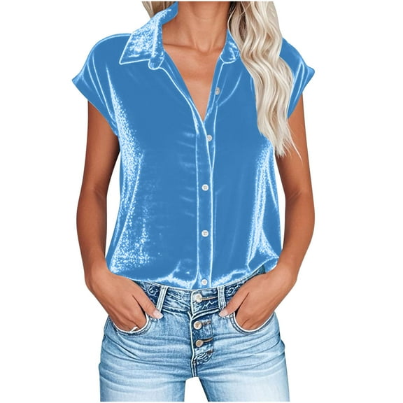 TKLPEHG Short Sleeve Button Up Shirts for Women Cap Sleeve Velvet Tops Summer Work Office Shirts Casual Loose Tops Outdoor Outfits (Light Blue,L)