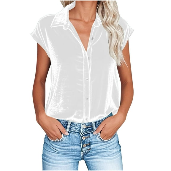 TKLPEHG Short Sleeve Button Up Shirts for Women Cap Sleeve Velvet Tops Summer Work Office Shirts Casual Loose Tops Outdoor Outfits (White,XXL)
