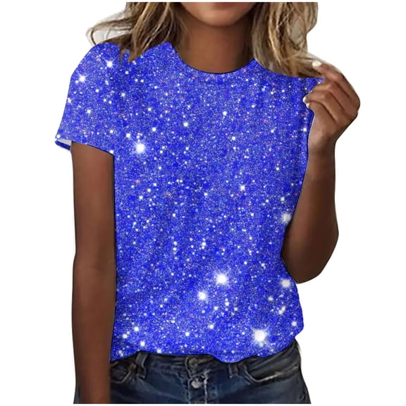 TKLPEHG Short Sleeve Shirts for Women Crew Neck Tshirt Loose Shirts Casual Glitter Print Fashion Going Out Tops Summer Blouses (Blue,L)