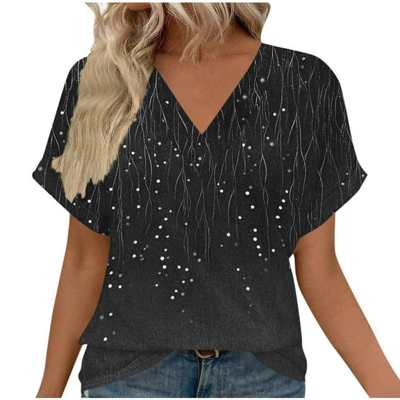 TKLPEHG Short Sleeve Shirts for Women V-Neck Fashion Print Tshirt Dressy Casual Blouses Loose Fitted Summer Womens Clothes (Black,M)