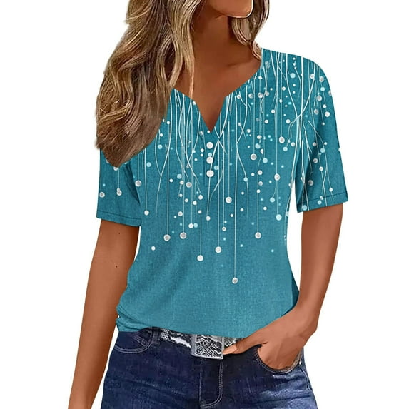TKLPEHG Short Sleeve T Shirts for Women Button V-Neck Tunic Shirts Casual Classic Fashion Print Tshirt Basic Tops Summer Loose Fitted Blouses (Blue,XL)