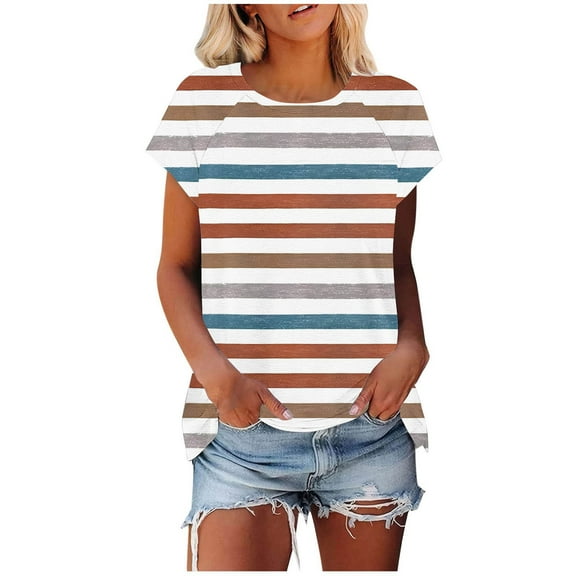 TKLPEHG Short Sleeve T Shirts for Women Crew Neck Tunic Shirts Basic Tops Casual Loose Fitted Classic Striped Print Tshirt Summer Womens Clothes (Multicolor,XXL)
