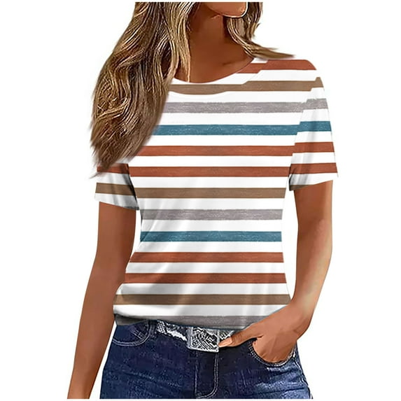 TKLPEHG Short Sleeve T Shirts for Women Crew Neck Loose Fitted Casual Classic Striped Print Tshirt Basic Tops Summer Womens Clothes (Brown,XXL)