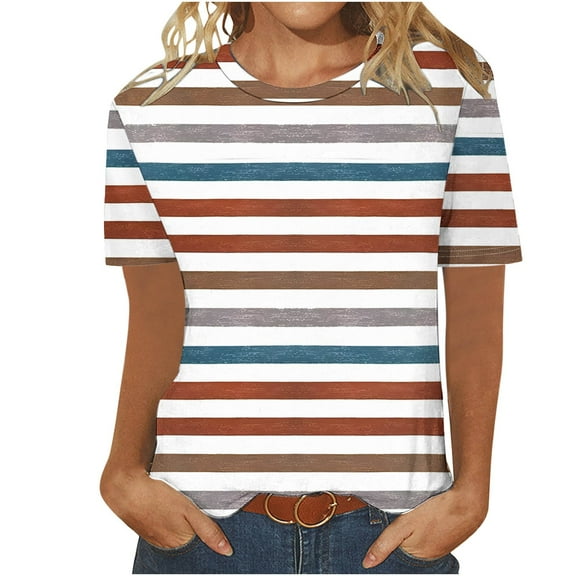 TKLPEHG Short Sleeve Tops For Women Crew Neck Comfy Casual Loose Striped Print Graphic Tee Summer Fashion Blouses (Multicolor,S)