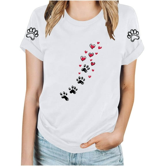 TKLPEHG Short Sleeve Tops For Women Crew Neck Fashion Loose Summer Comfy Casual Dog Paw Print Graphic Tee Outfits (White,S)