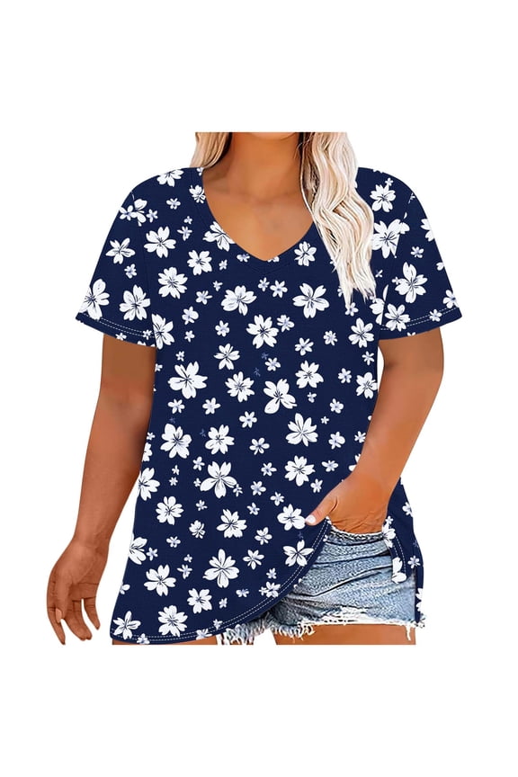 Short Sleeve Tops For Women Plus-Size V-Neck Tunic Tops Fashion Casual Summer Floral Print Graphic Tee Loose Comfy Outfits (Multicolor,XXL)