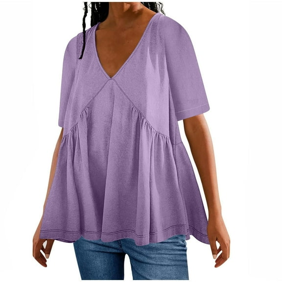 TKLPEHG Short Sleeve Tops for Women Casual Summer V Neck Pleated Tshirt Short Sleeve T Shirts Lightweight Going Out Tops Solid Color Loose Blouse(Purple,XL)