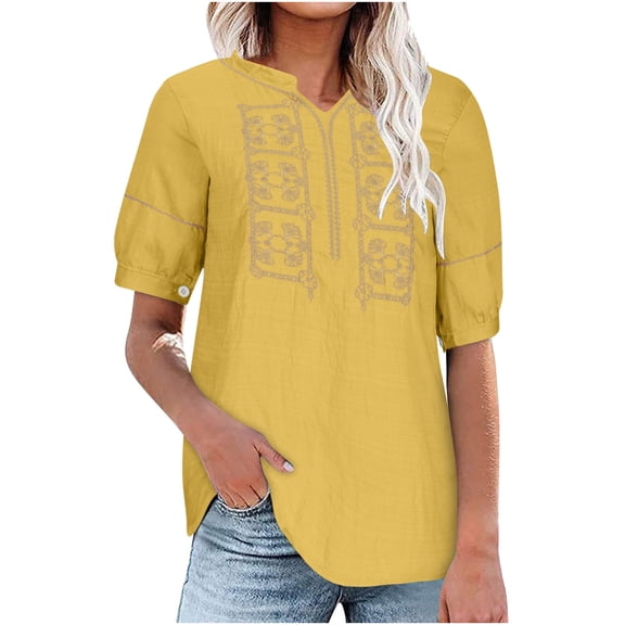 TKLPEHG Short Sleeve Tops for Women Crew Neck Cotton Linen Top Comfy Solid Color Fashion Loose Short Sleeve T Shirt Summer Clothes Casual Lightweight Blouses (Yellow,L)