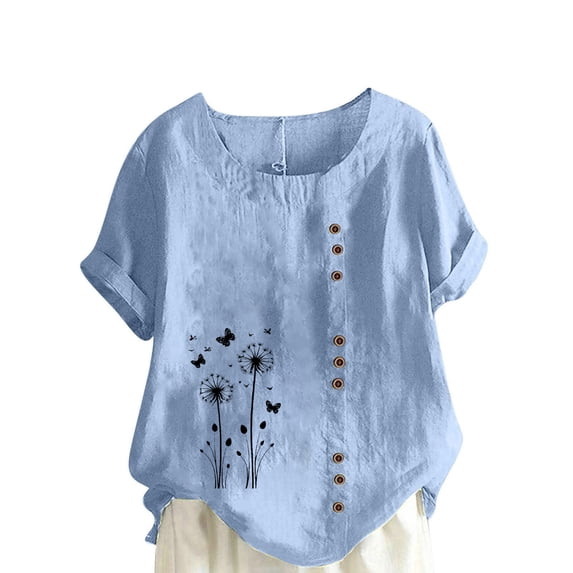 TKLPEHG Short Sleeve Tops for Women Crew Neck Linen Tops Button Casual Classic Fashion Print Tshirt Loose Fitted Basic Tops Summer Womens Clothes (Light Blue,M)