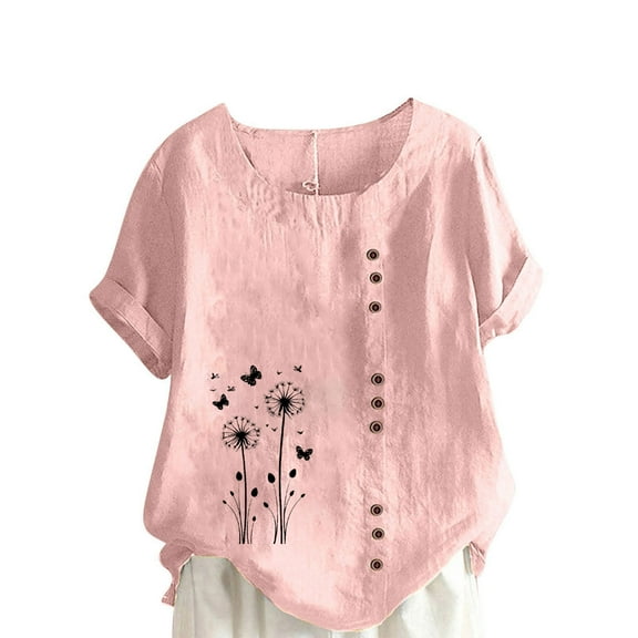 TKLPEHG Short Sleeve Tops for Women Crew Neck Linen Tops Button Casual Classic Fashion Print Tshirt Loose Fitted Basic Tops Summer Womens Clothes (Pink,M)