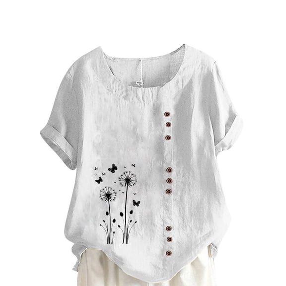 TKLPEHG Short Sleeve Tops for Women Crew Neck Linen Tops Button Casual Classic Fashion Print Tshirt Loose Fitted Basic Tops Summer Womens Clothes (White,L)