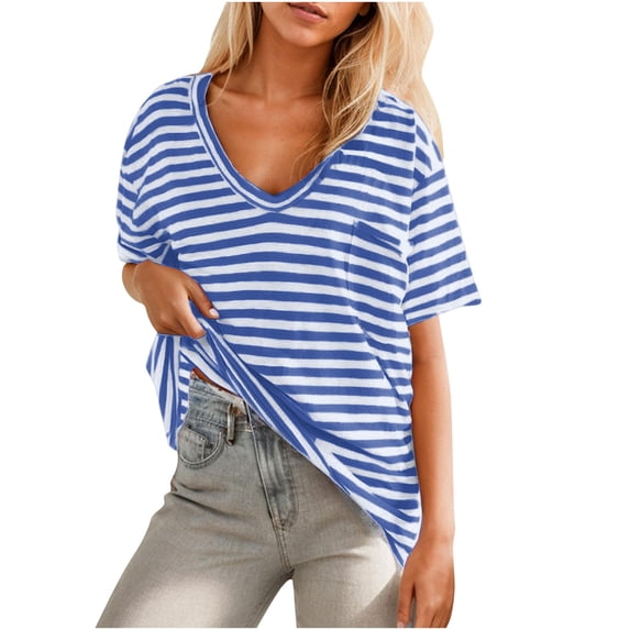 TKLPEHG Short Sleeve Tops for Women V Neck T-Shirt Striped Print Graphic Tee Short Sleeve T Shirts Lightweight Casual Loose Going Out Tops Summer Blouse(Blue,S)