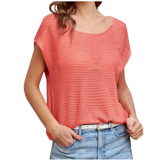 TKLPEHG Short Sleeve Tops for Women Crew Neck Knitted Shirt Basic Tops Summer Casual Loose Fitted Classic Solid Color Tshirt Womens Clothes (Red,S)