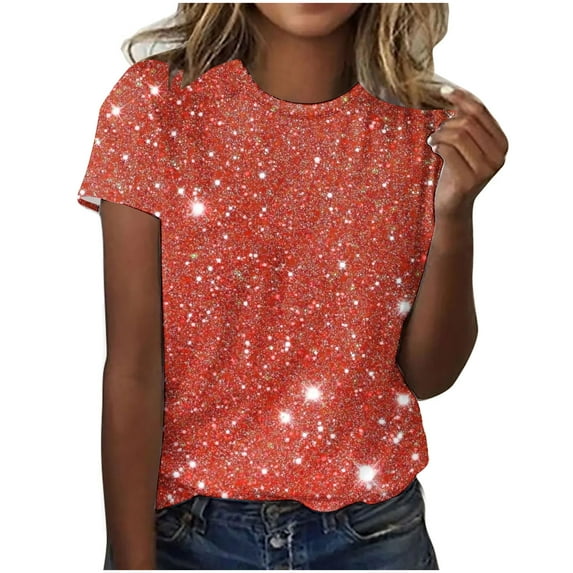 TKLPEHG Short Sleeve Tops for Women Crew Neck Tshirt Loose Shirts Glitter Print Fashion Going Out Tops Casual Summer Blouses (Red,S)