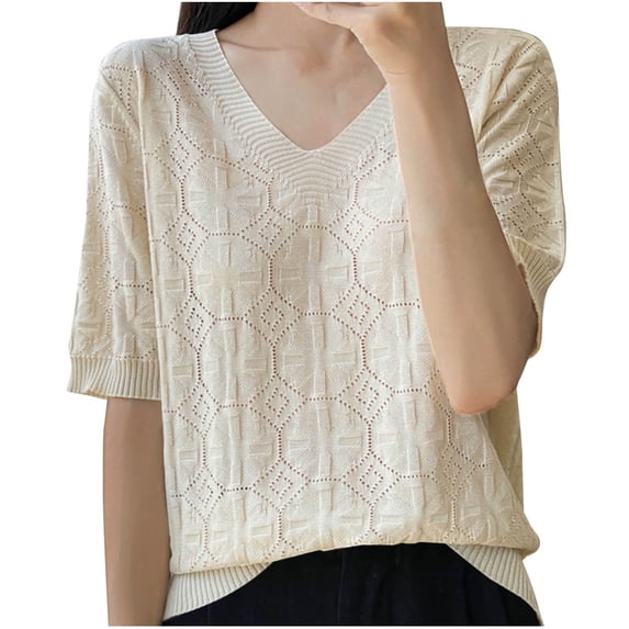 TKLPEHG Short Sleeve Tops for Women V-Neck Knit Tops Summer Casual Loose Fitted Basic Tops Classic Solid Color Tshirt Blouses (Beige,L)