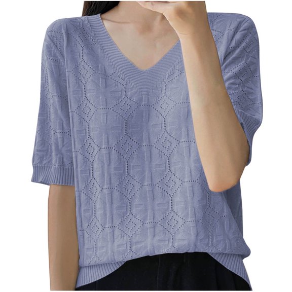 TKLPEHG Short Sleeve Tops for Women V-Neck Knit Tops Summer Casual Loose Fitted Basic Tops Classic Solid Color Tshirt Blouses (Blue,XL)