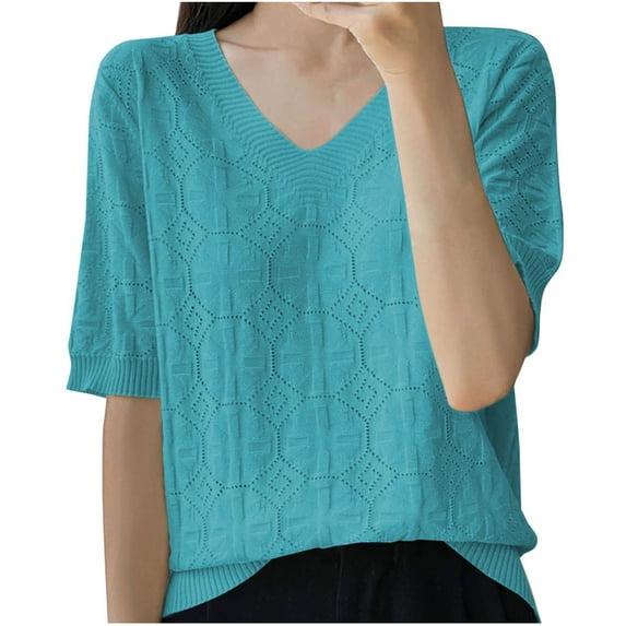 TKLPEHG Short Sleeve Tops for Women V-Neck Knit Tops Summer Casual Loose Fitted Basic Tops Classic Solid Color Tshirt Blouses (Light Blue,XL)