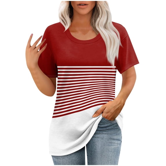 TKLPEHG Short Sleeve Tshirt for Women Comfy Crew Neck Pleated Tunic Tops Fashion Print Casual Loose Blouses (Red,XXXL)