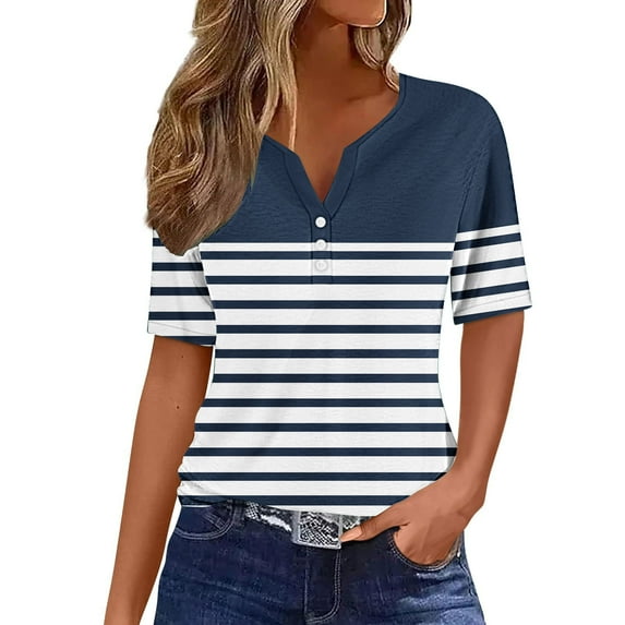 TKLPEHG Short Sleeve Tunic Tops for Women Button V-Neck Tunic Shirts Classic Striped Print Tshirt Basic Tops Summer Loose Fitted Casual Womens Clothes (Navy,XXXL)