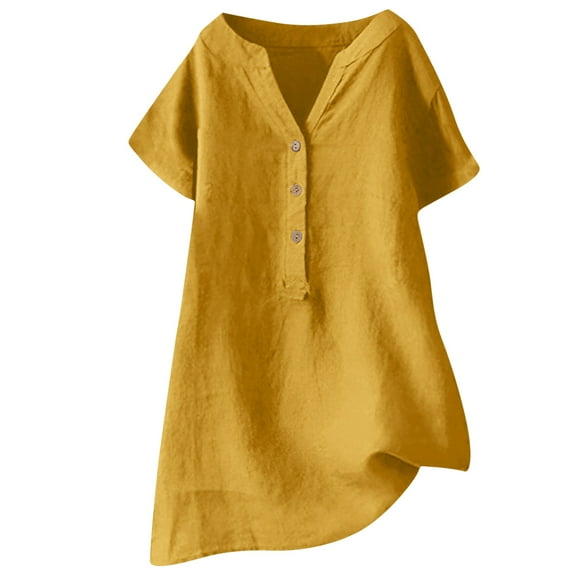 TKLPEHG Short Sleeve Tunic Tops for Women Casual Short Sleeve T Shirts Lightweight Solid Color Loose Going Out Tops Summer Button V Neck Button Linen Tunic Shirts Blouses(Yellow,S)