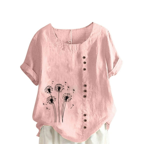 TKLPEHG Short Sleeve Tunic Tops for Women Crew Neck Linen Tops Button Casual Loose Fitted Classic Fashion Print Tshirt Basic Tops Summer Blouses (Pink,XL)