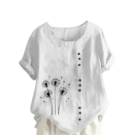 TKLPEHG Short Sleeve Tunic Tops for Women Crew Neck Linen Tops Button Casual Loose Fitted Classic Fashion Print Tshirt Basic Tops Summer Blouses (White,M)