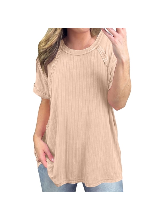Short Sleeve Tunic Tops for Women Round Neck Tunic Tops Lightweight Going Out Tops Loose Short Sleeve T Shirts Casual Solid Color Summer Blouses(Beige,L)