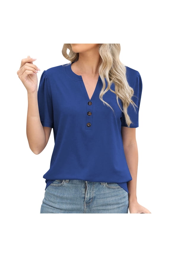 Short Sleeve Tunic Tops for Women V-Neck Button Tshirt Basic Tops Casual Loose Fitted Summer Classic Solid Color Tshirt Womens Clothes (Blue,XXL)