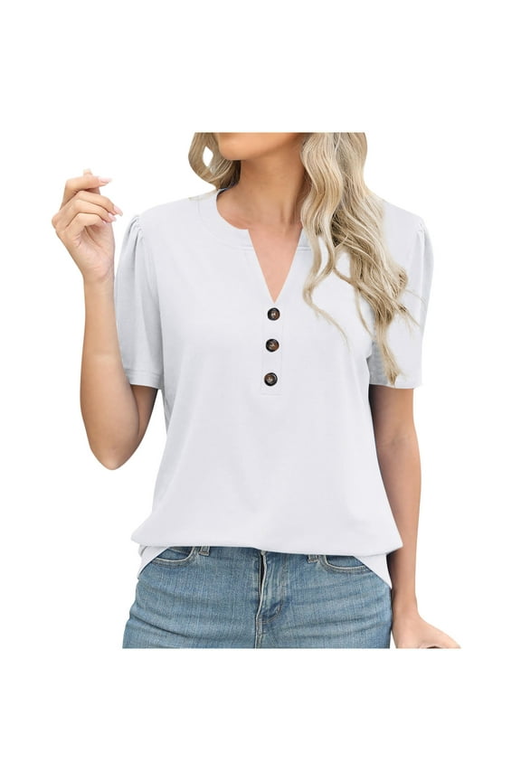 Short Sleeve Tunic Tops for Women V-Neck Button Tshirt Basic Tops Casual Loose Fitted Summer Classic Solid Color Tshirt Womens Clothes (White,M)