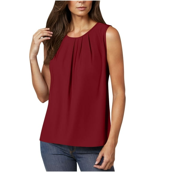 TKLPEHG Sleeveless Blouses for Women Crew Neck Pleated Tank Tops Fashion Summer Going Out Tops Loose Shirts Sleeveless T Shirts Solid Color Casual Blouses (Wine,L)