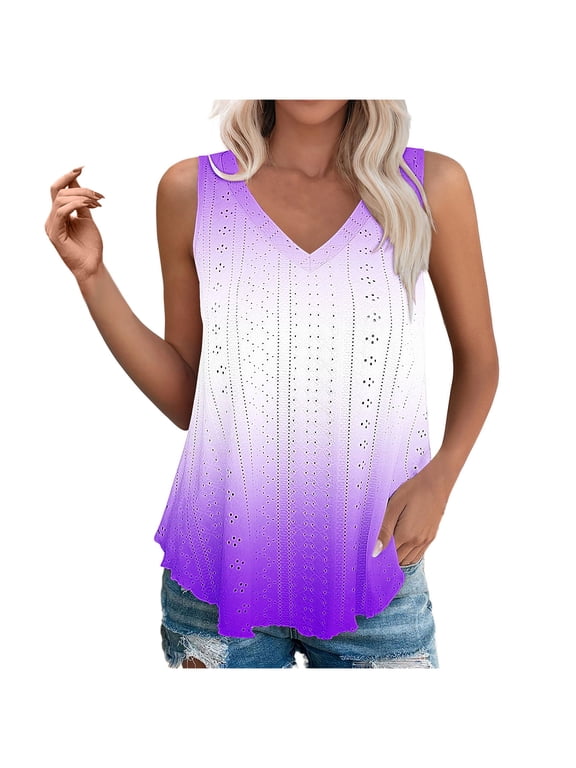 Sleeveless Blouses for Women V-Neck Eyelet Tunic Shirt Going Out Tops Summer Fashion Sleeveless T Shirts Loose Shirts Gradient Color Casual Blouses (Multicolor,M)