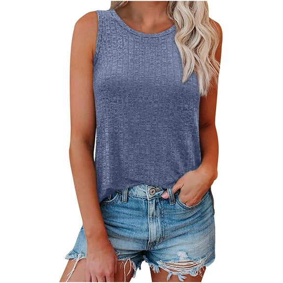 TKLPEHG Sleeveless Tank Tops for Women Crew Neck Basic Tank Top Sleeveless T Shirt Loose Lightweight Casual Comfy Summer Clothes Solid Color Fashion Blouses (Blue,L)