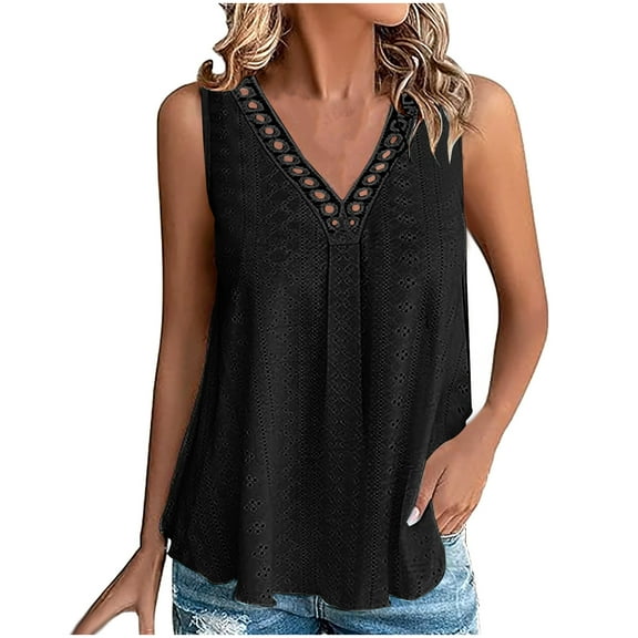 TKLPEHG Sleeveless Tops for Women V-Neck Crochet Lace Trim Eyelet Tank Top Sleeveless T Shirts Solid Color Going Out Tops Casual Loose Shirts Fashion Summer Blouses (Black,L)