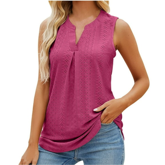 TKLPEHG Sleeveless Tops for Women V-Neck Pleated Eyelet Top Tunic Fashion Sleeveless T Shirt Casual Comfy Summer Clothes Solid Color Lightweight Loose Blouses (Hot Pink,M)