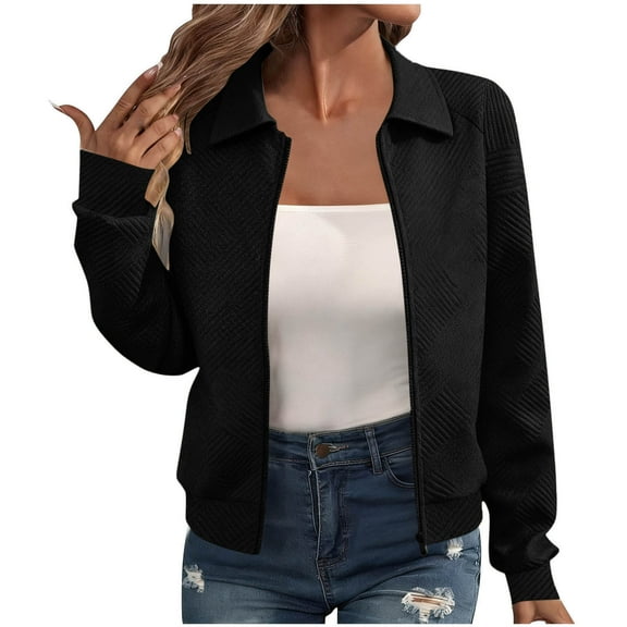 TKLPEHG Spring Jackets for Women Zip Up Lapel Fall Coats Casual Solid Color Long Sleeve Coat Fashion Comfy Outerwear (Black,XXL)