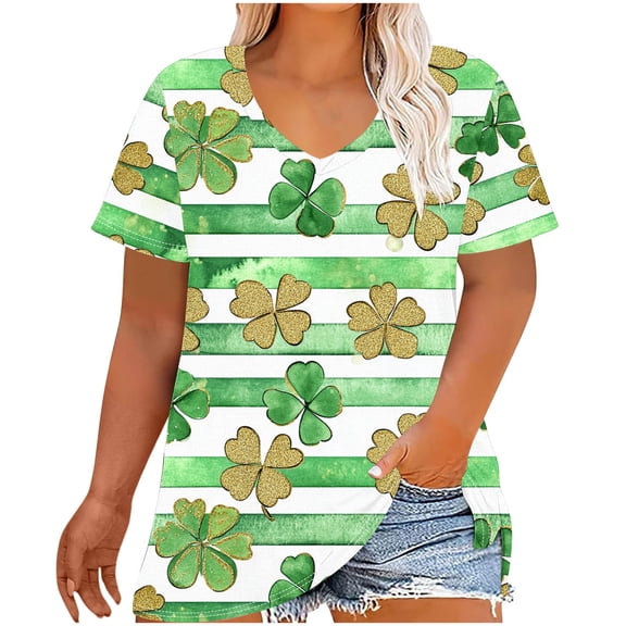 TKLPEHG St. Patricks Day Shirts Women Crew Neck Plus Size Tops Green Irish Shamrock Print Graphic Tee Short Sleeve Striped Shirt (Z01_Green,XXL)