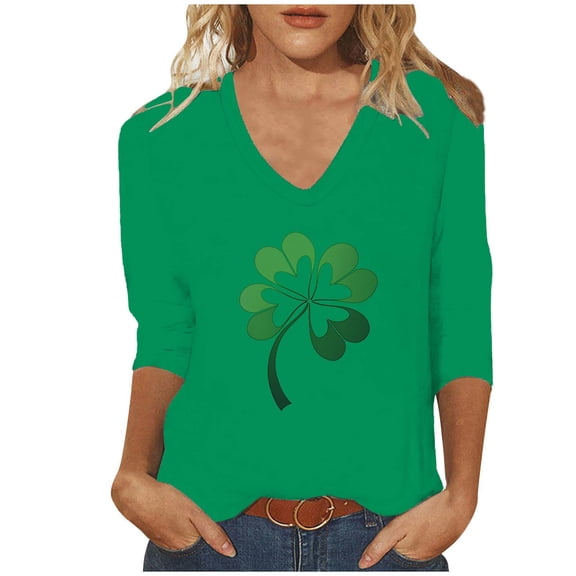 TKLPEHG St Patricks Day Shirts Womens 3/4 Sleeve Tops V Neck Irish Shamrock Print Graphic Tee Casual Comfy Holiday Tops (Green,XL)