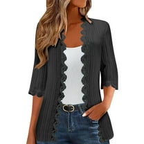 TKLPEHG Summer Cardigans for Women Lightweight 3/4 Sleeve Open-Front Cardigan Coats Fashion Solid Color Lace Blouse Outfits (Black,XXL)