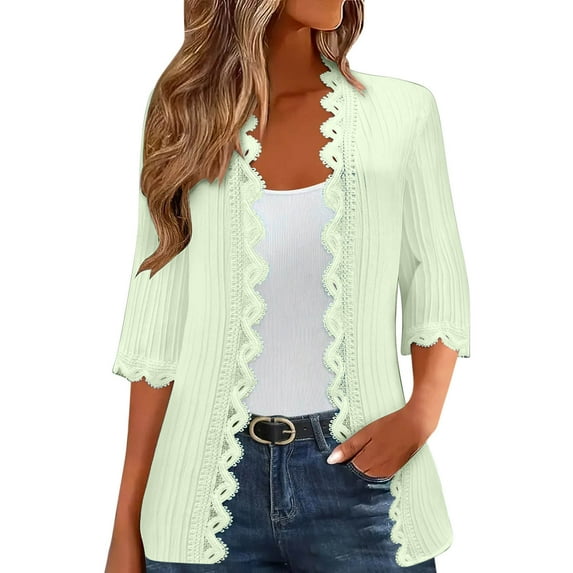 TKLPEHG Summer Cardigans for Women Lightweight 3/4 Sleeve Open-Front Cardigan Coats Fashion Solid Color Lace Blouse Outfits (Mint Green,M)