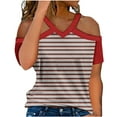 thumbnail image 1 of TKLPEHG Summer Shirts for Women Going Out Tops Loose V Neck Cold Shouler Tops Short Sleeve T Shirts Casual Lightweight Summer Striped Print Graphic Tee Blouses(Red,L), 1 of 5
