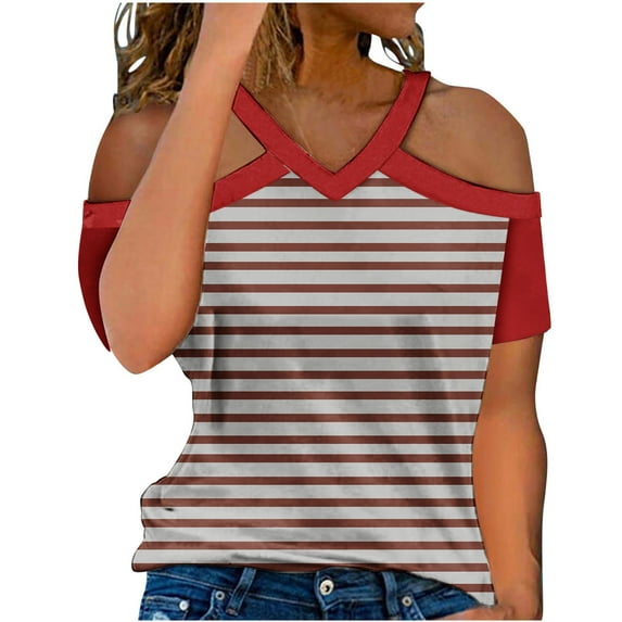 TKLPEHG Summer Shirts for Women Going Out Tops Loose V Neck Cold Shouler Tops Short Sleeve T Shirts Casual Lightweight Summer Striped Print Graphic Tee Blouses(Red,L)