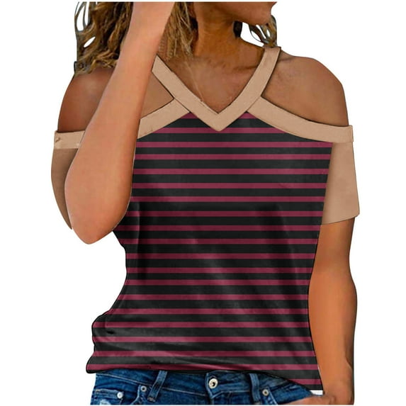 TKLPEHG Summer Shirts for Women Going Out Tops Loose V Neck Cold Shouler Tops Short Sleeve T Shirts Casual Lightweight Summer Striped Print Graphic Tee Blouses(Wine,L)