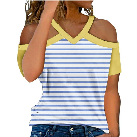 TKLPEHG Summer Shirts for Women Going Out Tops Loose V Neck Cold Shouler Tops Short Sleeve T Shirts Casual Lightweight Summer Striped Print Graphic Tee Blouses(Yellow,L)