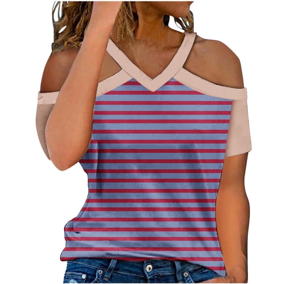 TKLPEHG Summer Shirts for Women Going Out Tops Loose V Neck Cold Shouler Tops Short Sleeve T Shirts Casual Lightweight Summer Striped Print Graphic Tee Blouses(Purple,S)