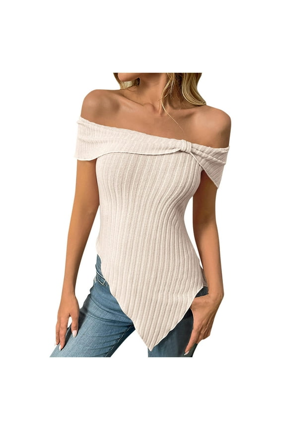 Summer Shirts for Women Slim Off Shoulder Top Solid Color Tshirt Dressy Casual Blouses Fashion Loose Fitted Short Sleeve T Shirts Womens Clothes (Beige,S)